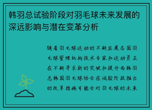 韩羽总试验阶段对羽毛球未来发展的深远影响与潜在变革分析 韩羽总试验阶段对羽毛球未来发展的深远影响与潜在变革分析